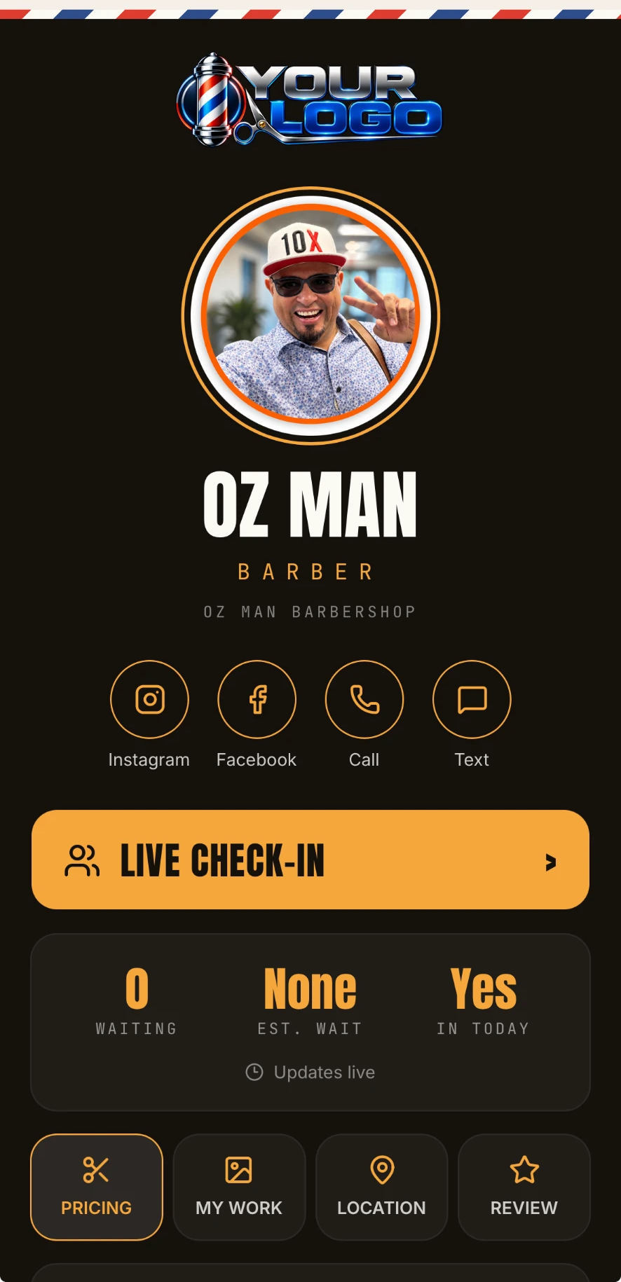 OZ MAN’s personal barber app: shop logo, barber photo, live check-in, wait time, pricing, gallery, location, and reviews