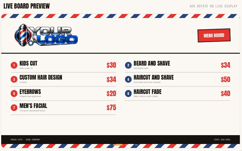 Live pricing board display showing services, prices, and rotating ads