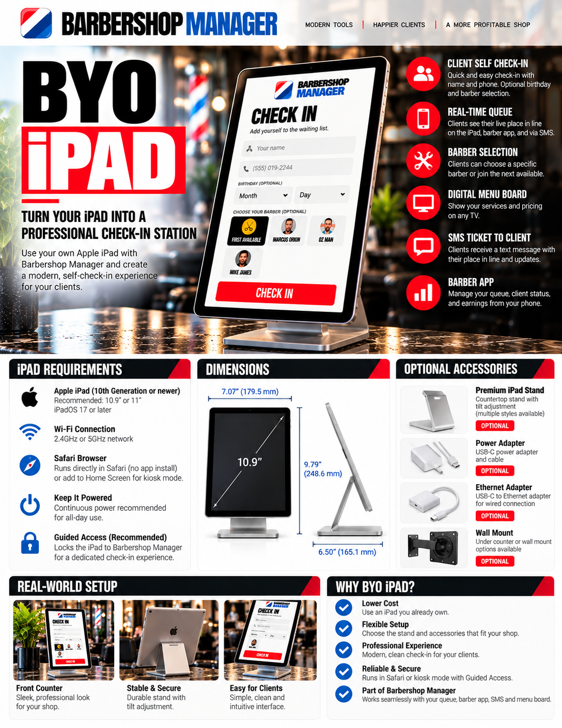 Barbershop Manager BYO iPad sales sheet showing client self check-in, real-time queue, barber selection, digital menu board, SMS tickets, iPad requirements, dimensions, and optional accessories