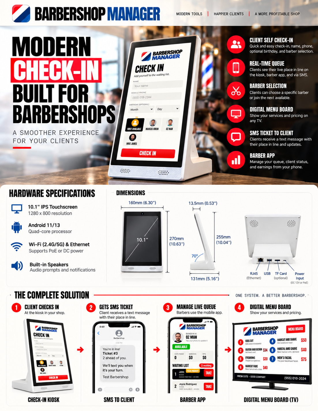 Barbershop Manager Check-In Station product overview: features, hardware specifications, dimensions, and the complete four-step workflow